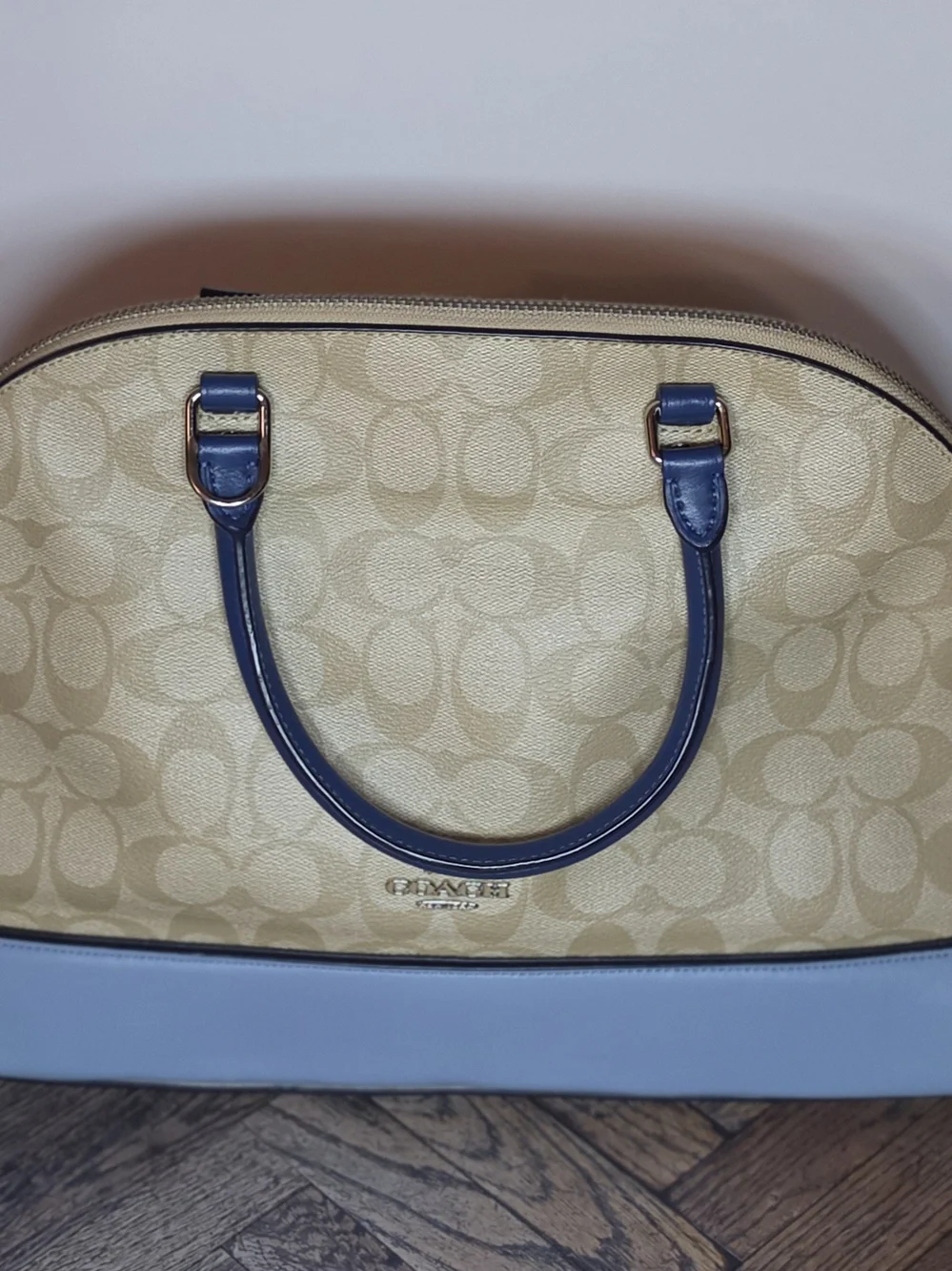 Coach Cream Signature Dome Satchel with Blue Trim